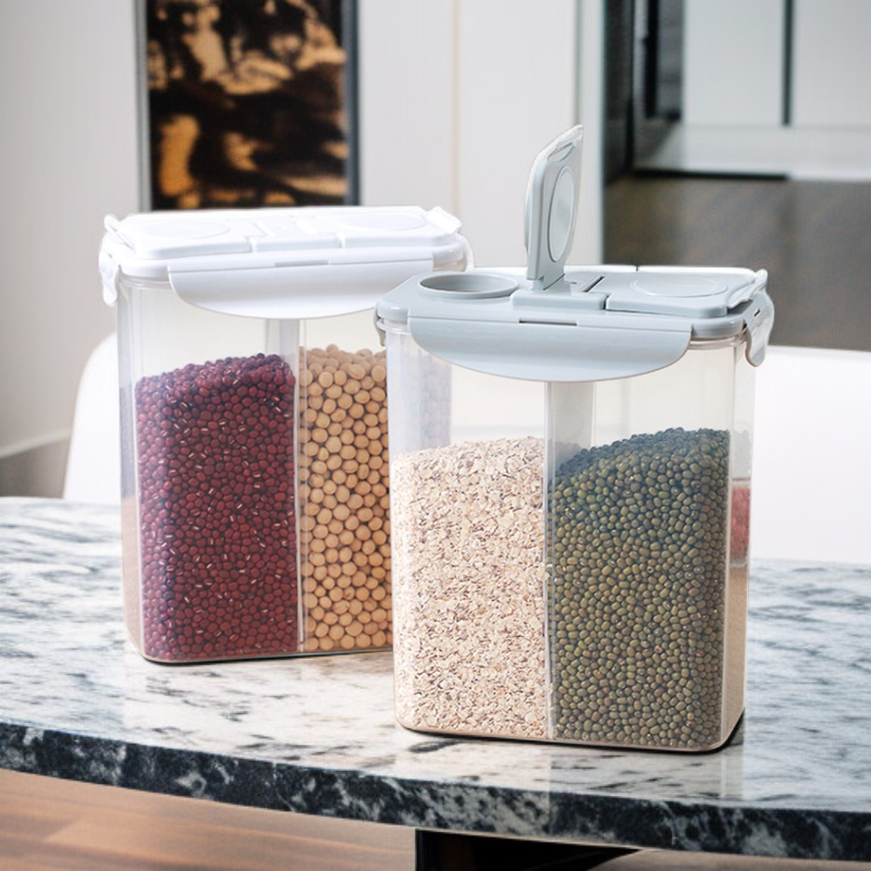 Organized pantry with stackable plastic storage containers