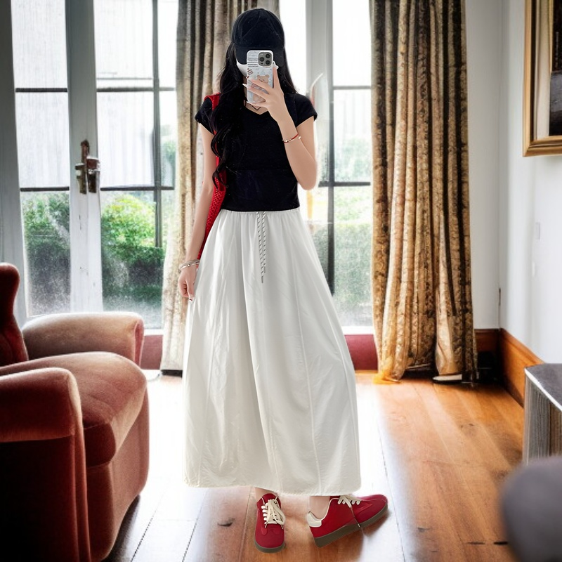 夏用アイスシルクロングフレアスカート 低身長/高身長対応 ゆったりAライン 体型カバー ドローストリング＆ポケット付き