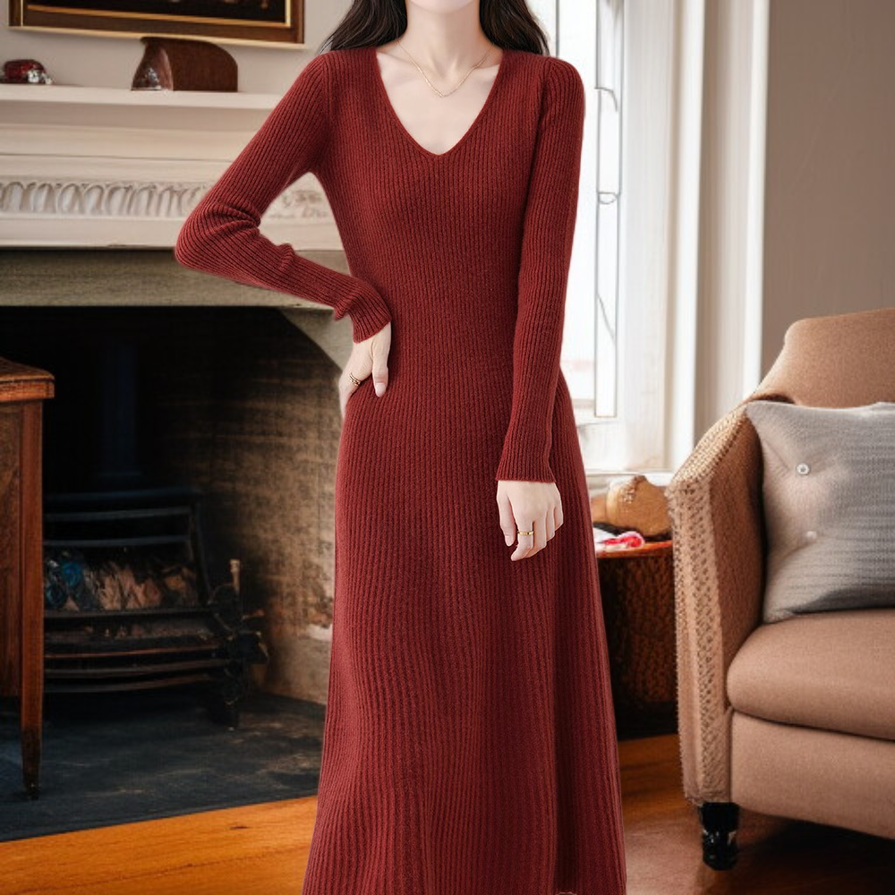 【Brelia-jp】2025年秋冬 Vネックニットワンピース レディース エレガントで着痩せ効果抜群 無地ロングワンピース コートとの重ね着にも