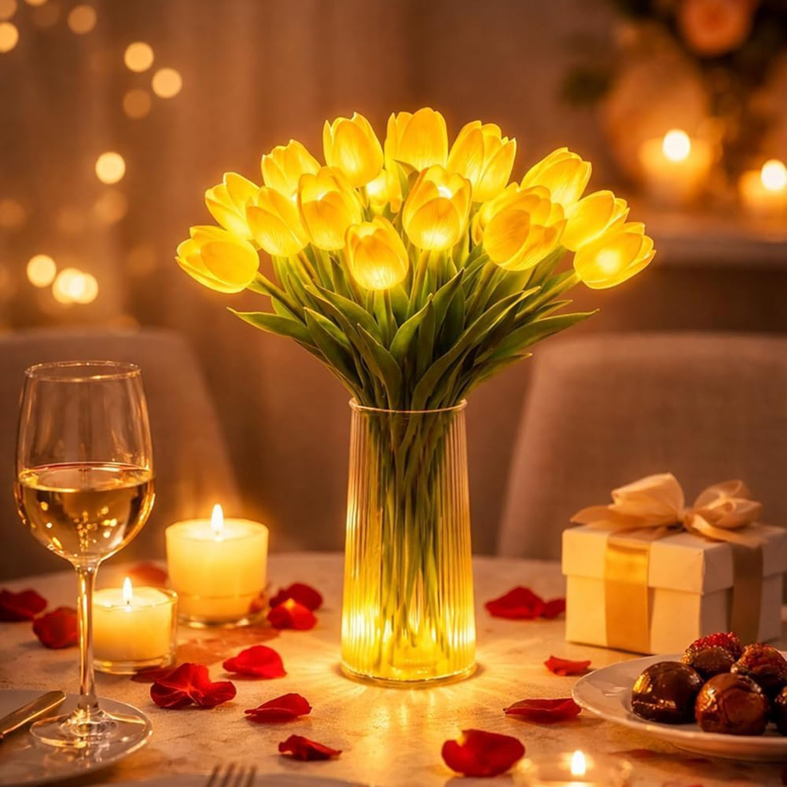 バレンタインデーチューリップ発光手持ち花束家庭装飾ミックスカラー撮影用フェイクフラワー