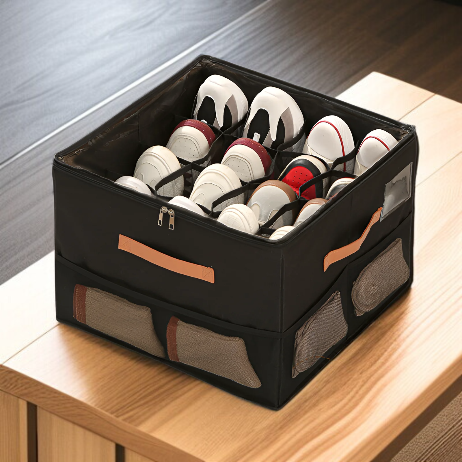 뚜껑 달린 비주얼 신발 케이스 다용도 체크 의류 수납 케이스 접이식 뚜껑 달린 비주얼 신발 케이스 신발 수납 케이스