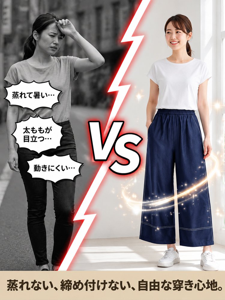 レディース細見え8分丈ワイドパンツ