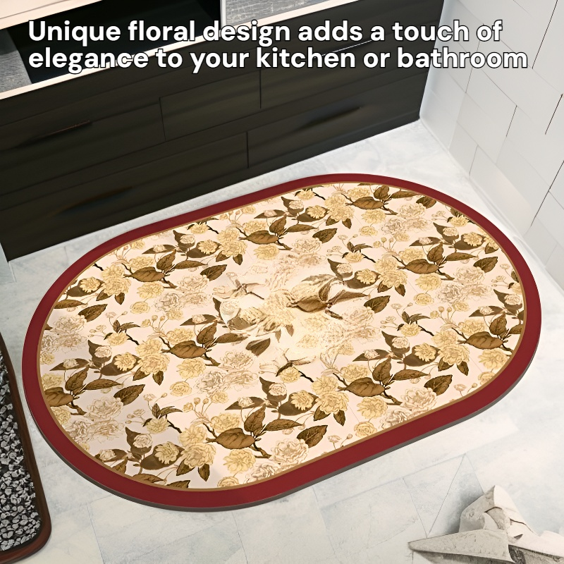 Quick Dry Diatomaceous Earth Non-slip Mat Floral Kitchen Bathroom Dual Use Washable Oval