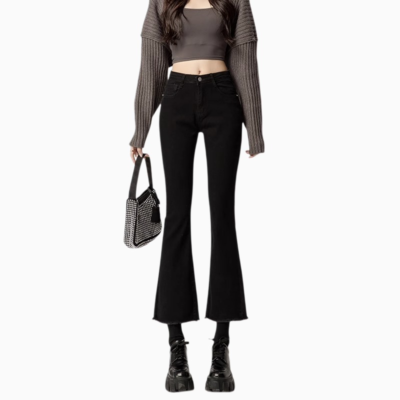 秋の女性用の黒のわずかにフレアのイミテーションジーンズ、小柄な人向けの韓国バージョン、ハイウエスト、スリムな89ポイント、多用途のカジュアルベルボトムパンツ