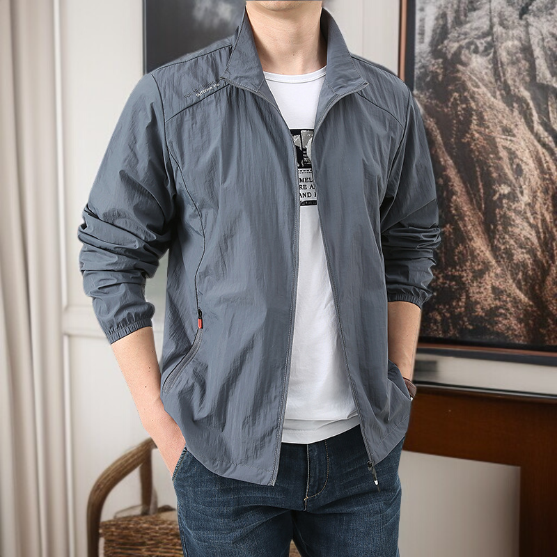 夏の屋外アイスシルク速乾日焼け止め服 薄手ジャケット スタンドカラー サンウェア 通気性アウター メンズ アウトドア サンウェア