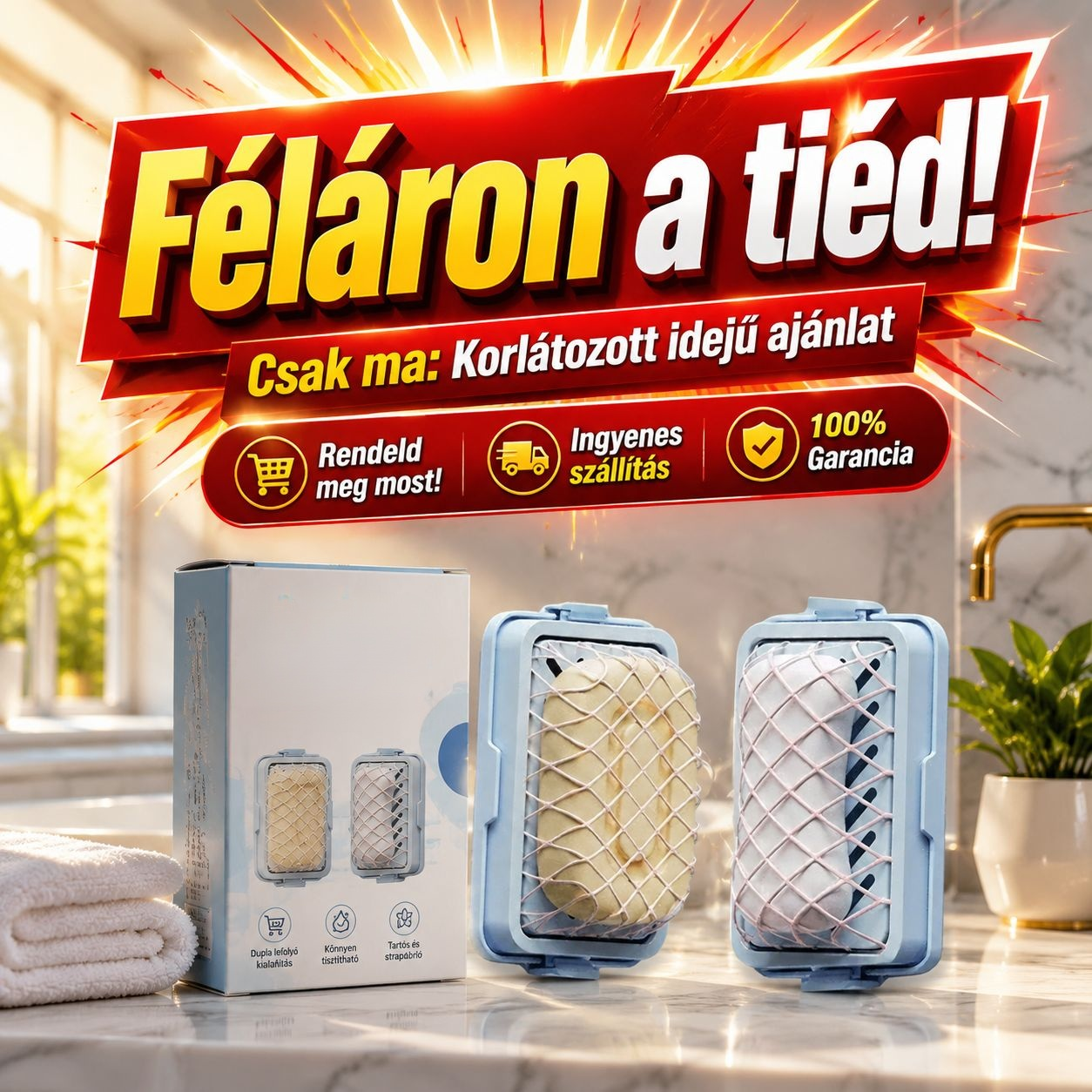 Féláron magas rugalmasságú hálós szappantartó, tároló és habosító kétfunkciós