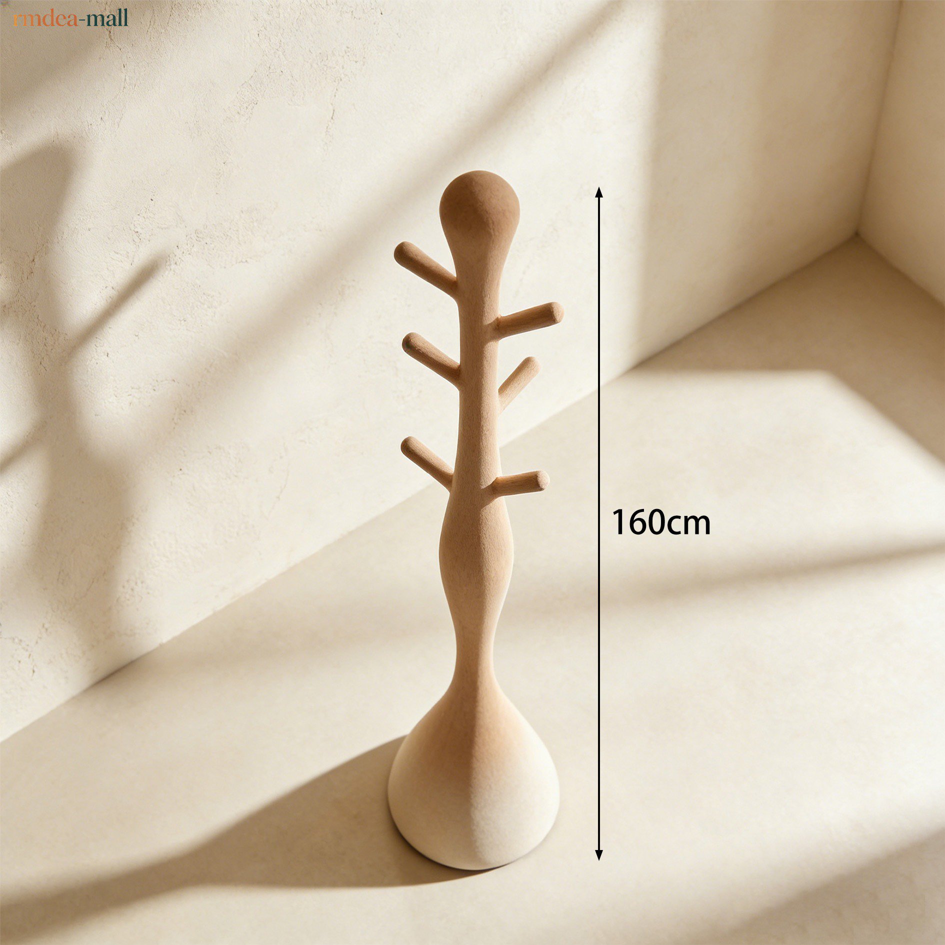 Wooden standing coat rack with hats and coats