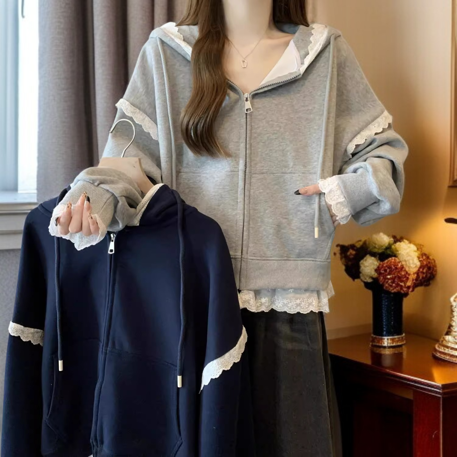 春秋新作 ヨーロッパ風大きいサイズ 上品レースフードパーカー アウター