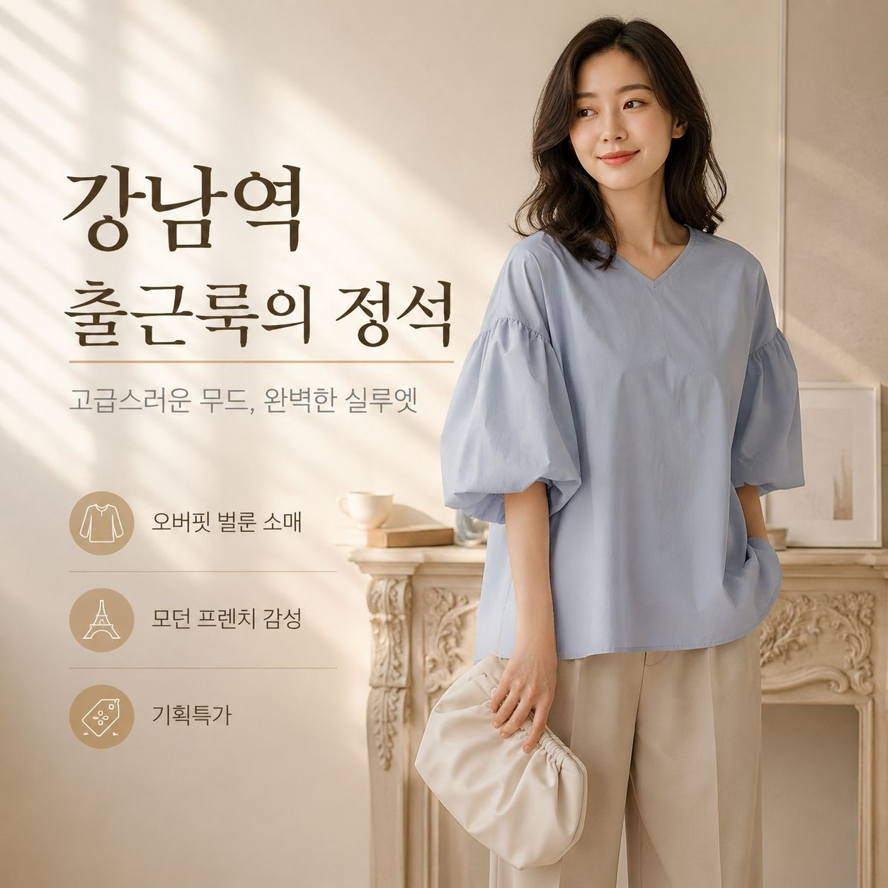 여유로운 오버핏 라운드넥 코튼 블라우스, 빅 램프 슬리브