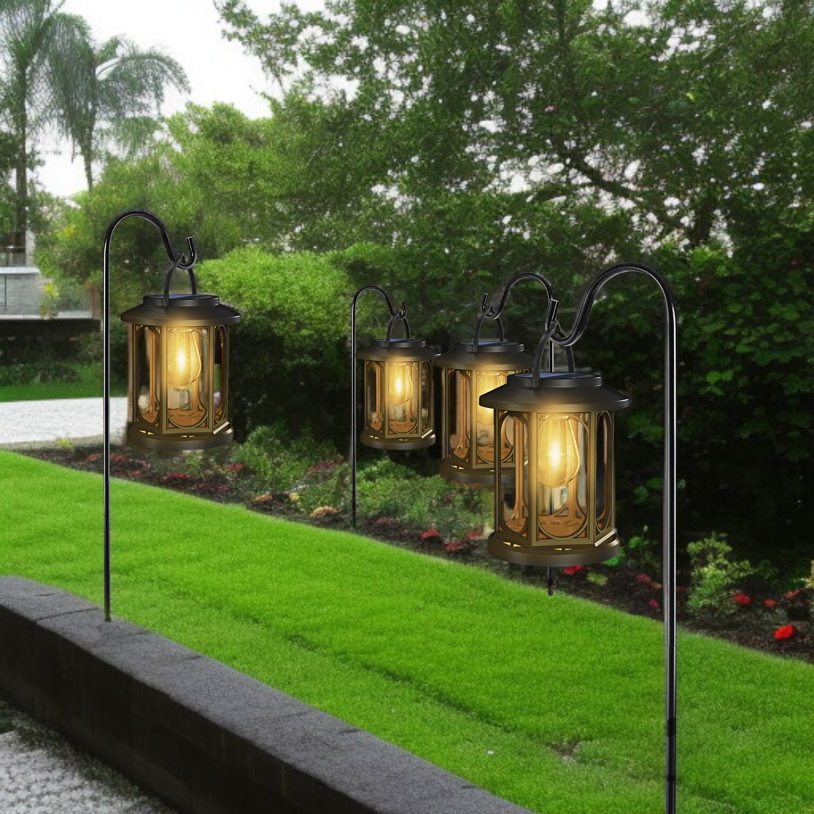 ソーラーガーデンライト レトロデザインランタン 暖色電球 IP65 防水 暖色 吊り下げ式ソーラー装飾ライト タングステンフィラメントランプ ウォールランプ 芝生ランプ 雰囲気ランプ 自動点灯