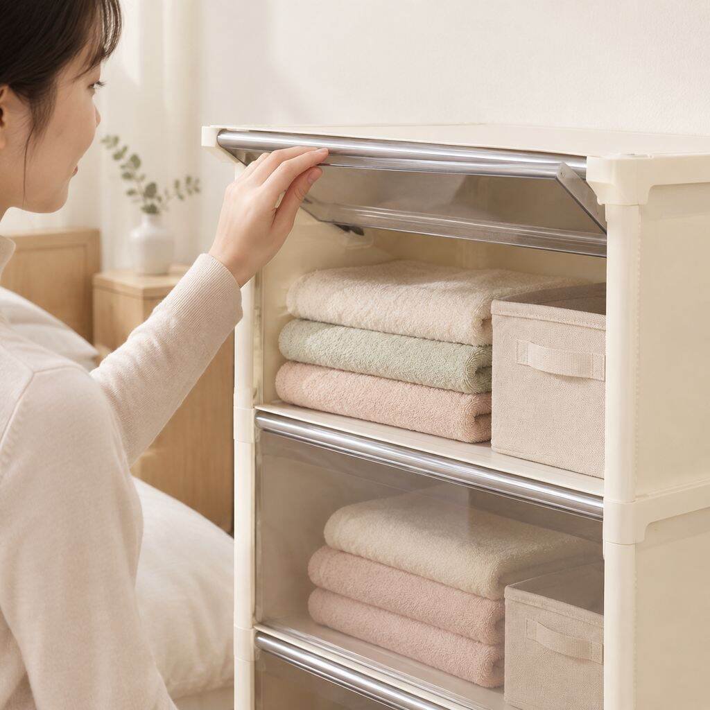 심플하고 투명한 플립형 다단 의류 수납장