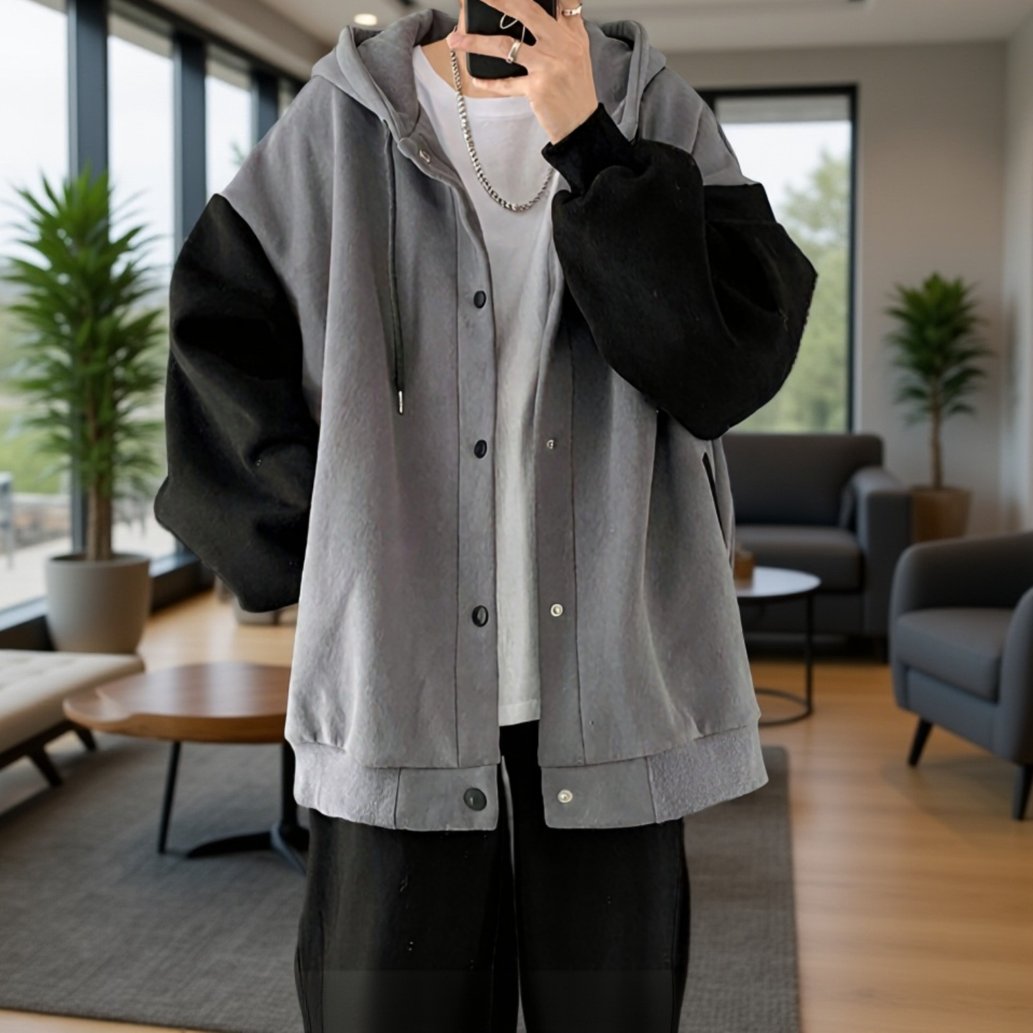 香港スタイルの秋と冬の男性用カジュアルカーディガンジャケット、ベルベットと厚みのあるトレンディなスプライシングスウェットシャツ、ルーズフード付きスウェットシャツ、カップル着用