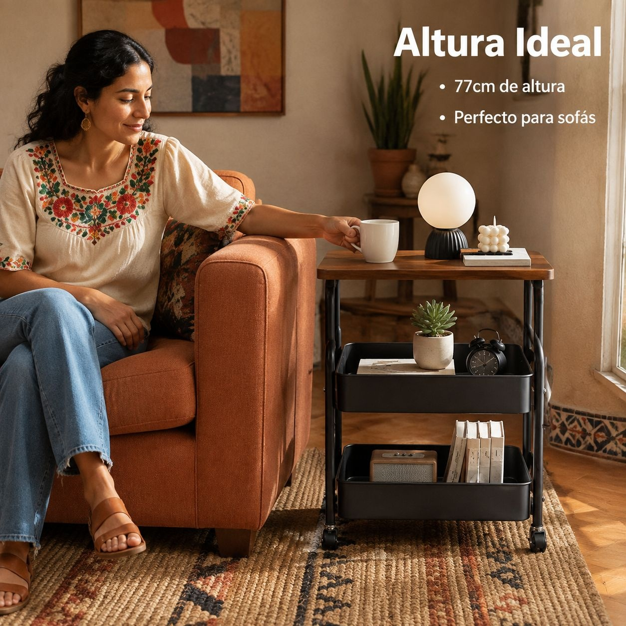 Mesita auxiliar móvil de color crema para sofá