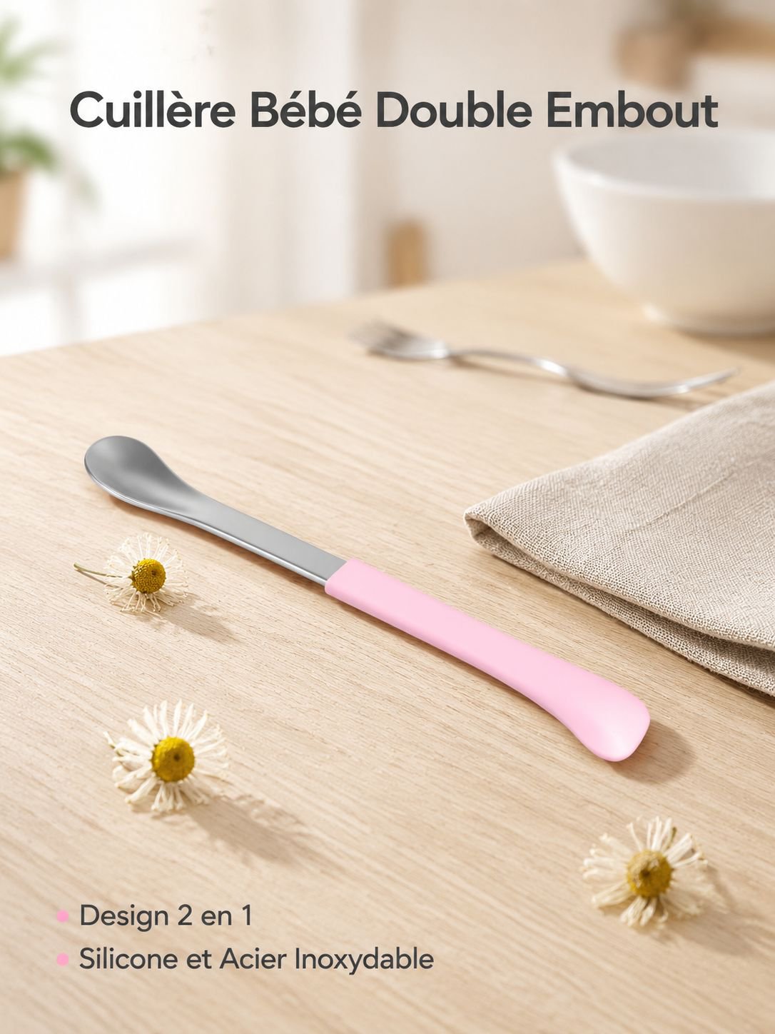 Cuillère en acier inoxydable pour bébé, embouts doux et durs, manches en silicone
