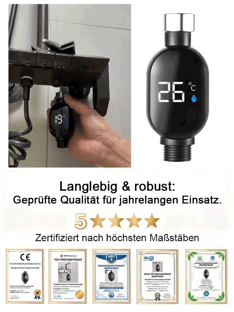 Intelligentes Duschthermometer mit wasserdichter Anzeige