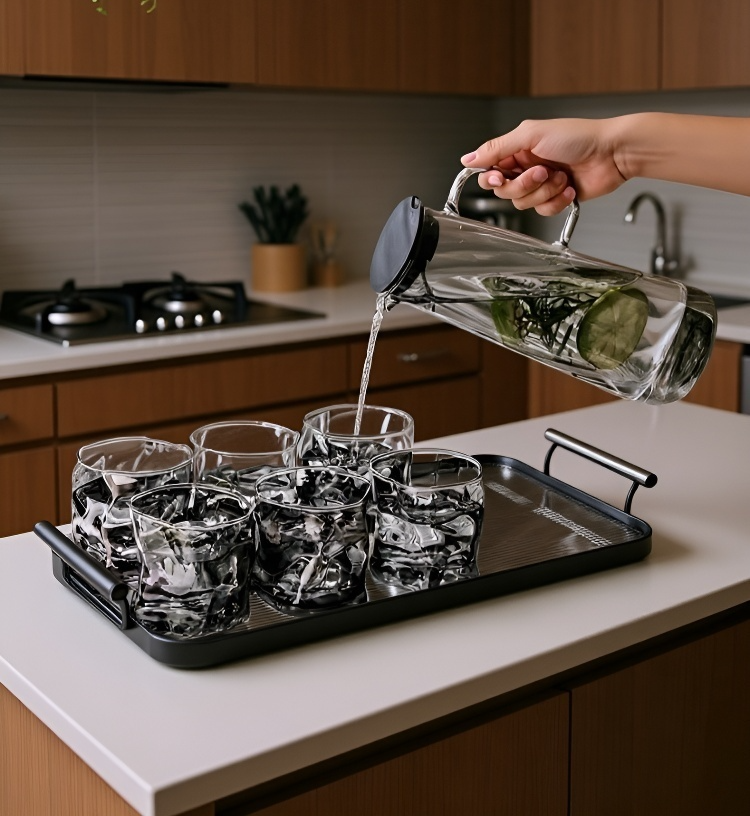 뜨거운 음료와 차가운 음료 모두 사용 가능한 유리 물병