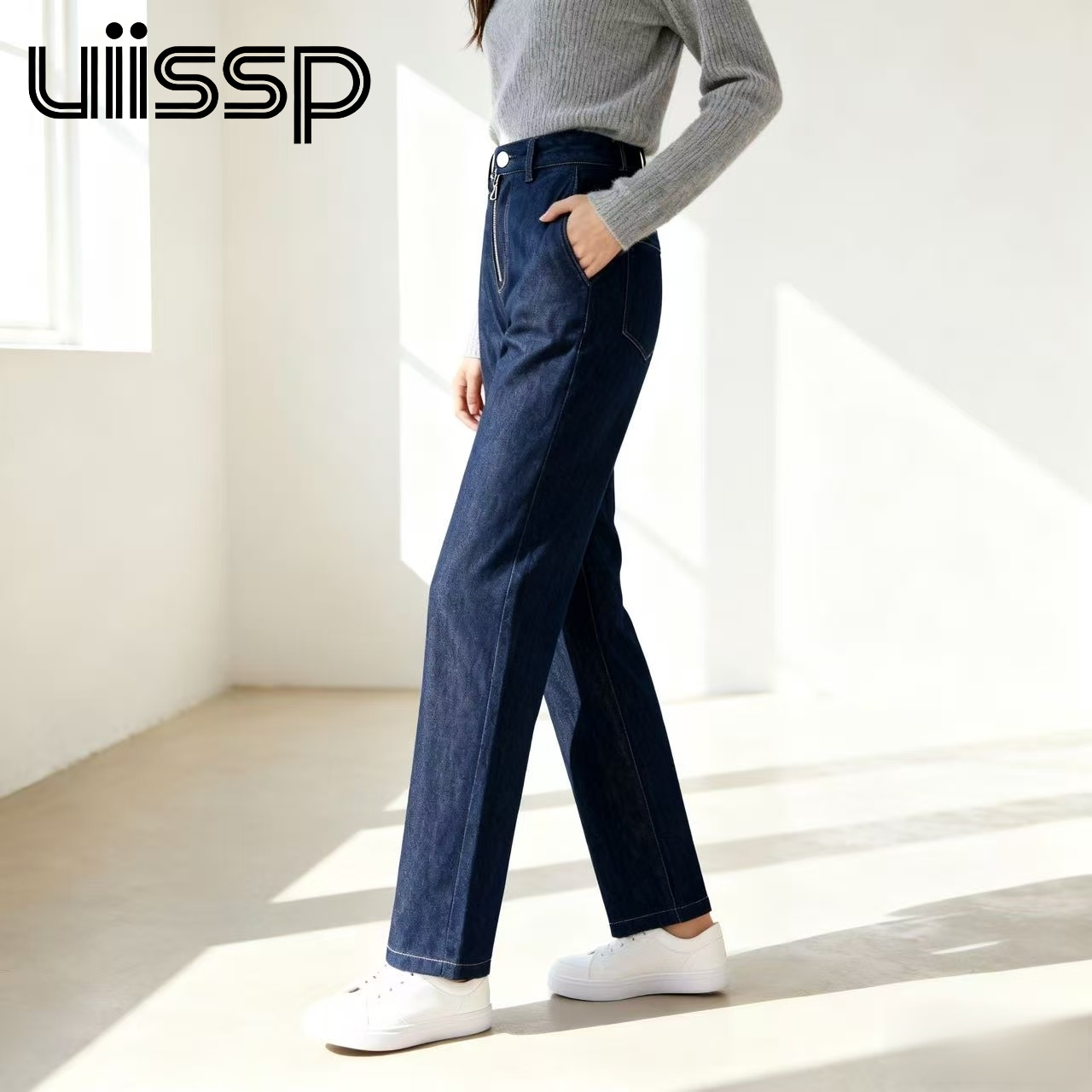 여성용 레트로 워시드 블루 데님 청바지