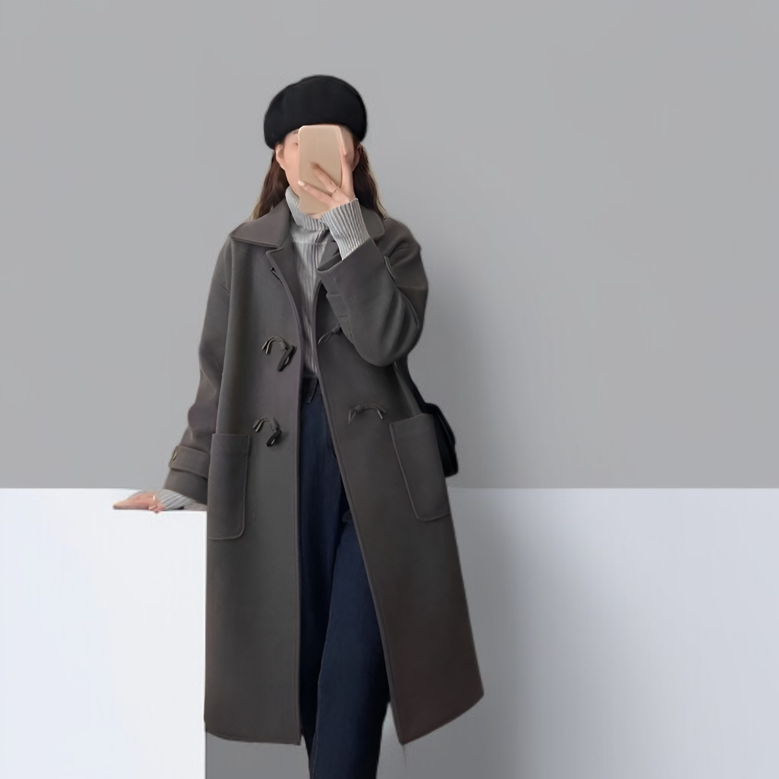 角ボタン付き和風ウールコート