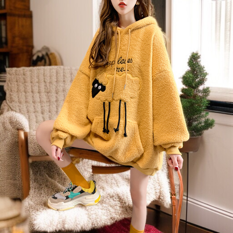 가을 겨울 신상 스웨이드 코트 여 융털 도톰 캐릭터 자수 후드 스웨이드 맨투맨