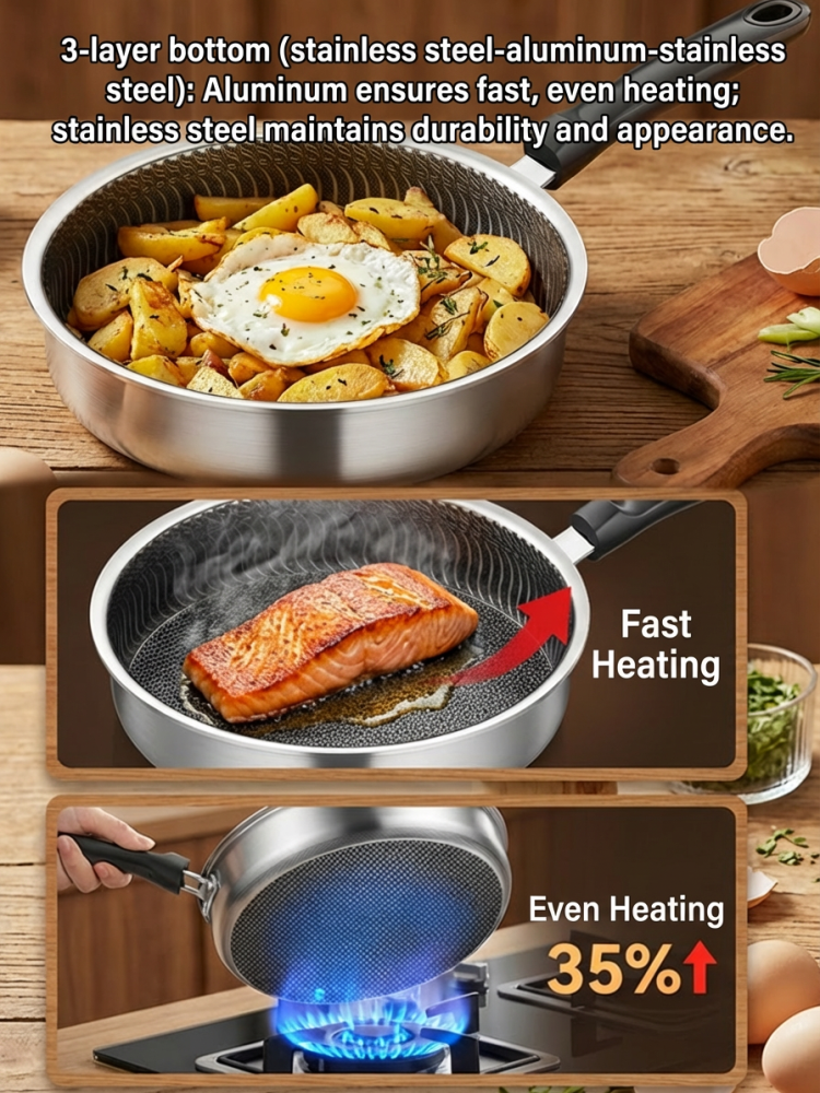 【Includes a lid】Pro Hybrid Stainless Steel Honeycomb Skillet❤️Scratch Resistant Non Stick