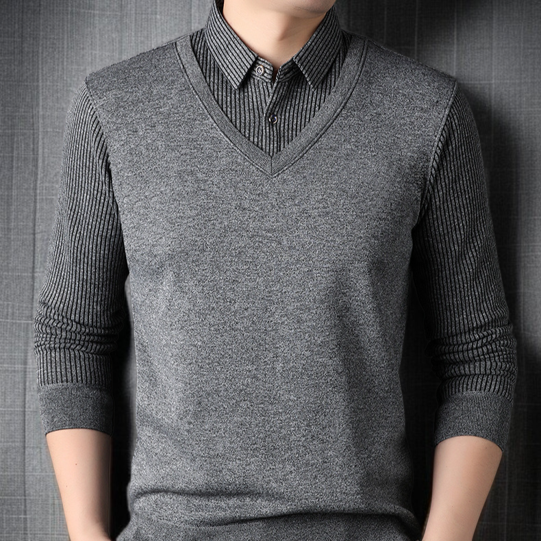남자 겨울 니트 셔츠 가짜 투피스 기모 도톰 니트 셔츠 솔리드 스트라이프 니트 셔츠