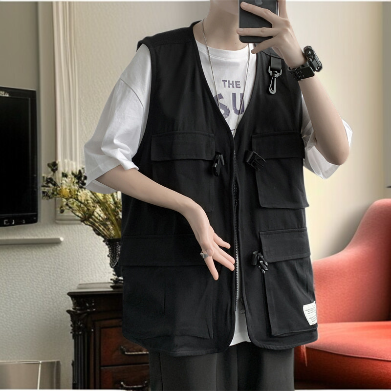 機能的な風の男性の秋のトップス 薄手のゆったりノースリーブベスト ワークウェア・キャンバス