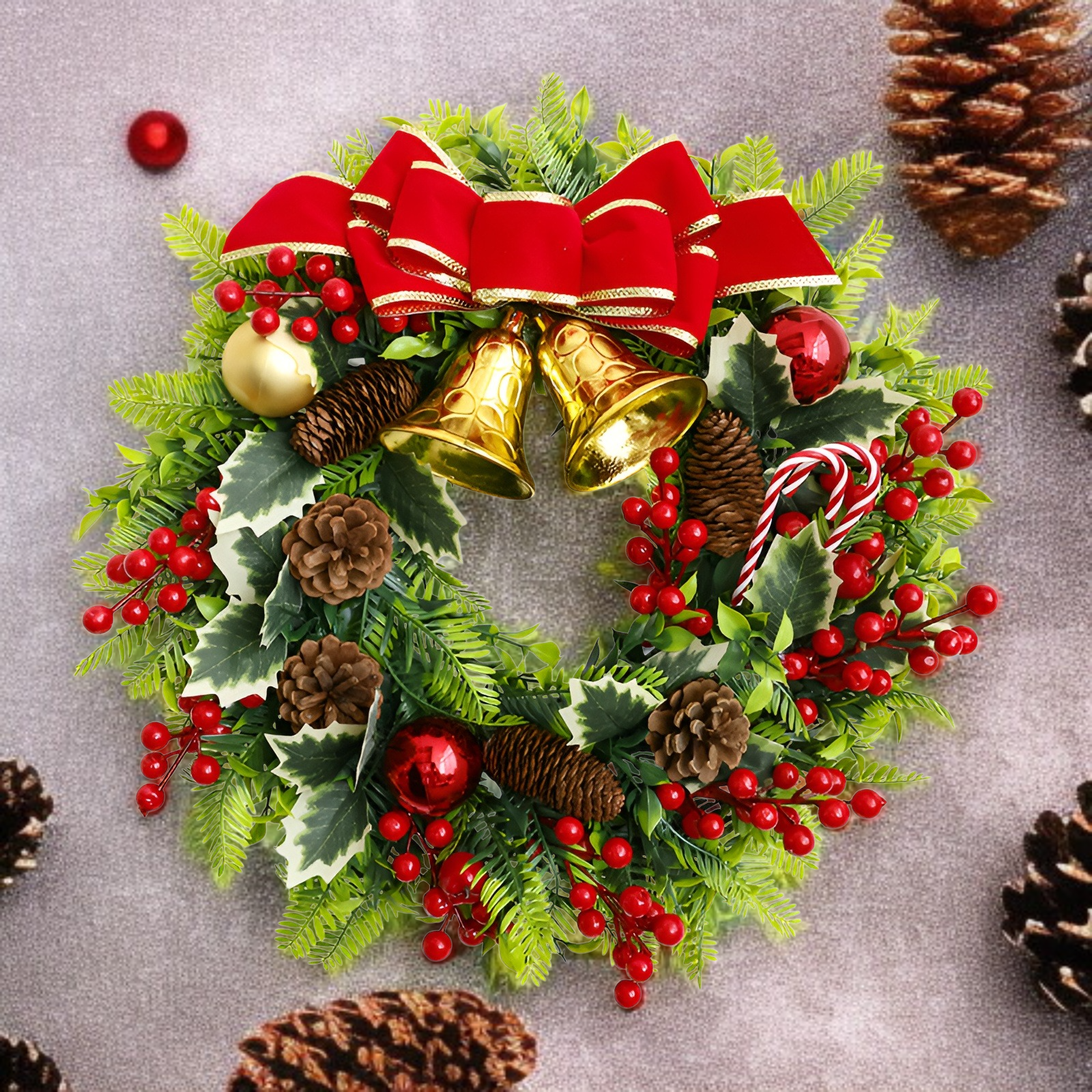 リボンと鈴が輝くクリスマスリース