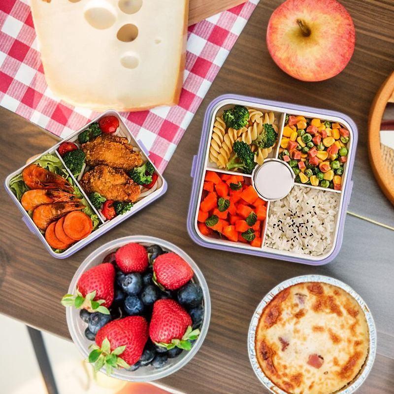 Contenedor de alimentos portátil con divisiones, ideal para llevar almuerzo