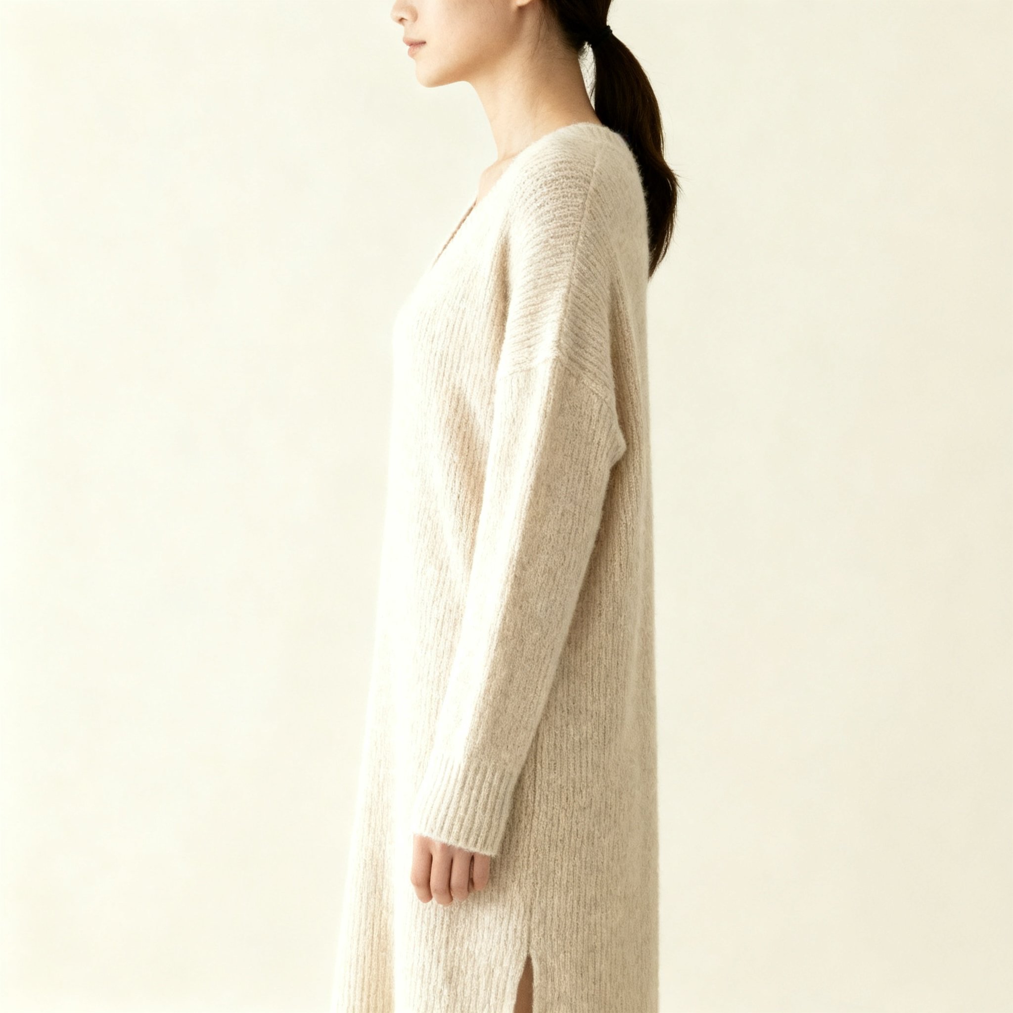 여성 오트밀 브이넥 원피스 착용샷