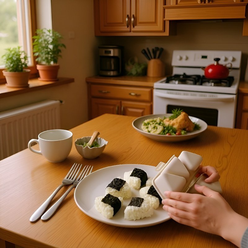 お弁当箱に入った三角おにぎりの盛り付け例
