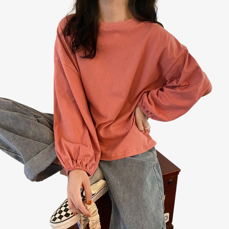 여성 얇은 맨투맨 가을 날씬해 보이는 루즈핏 벌룬 소매 긴팔 티셔츠 맨투맨 여성 맨투맨