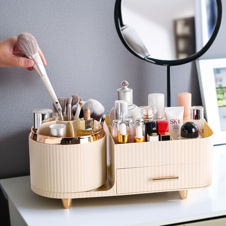 Étagère de rangement cosmétique rotative avec couvercle, boîte de rangement de bureau anti-poussière