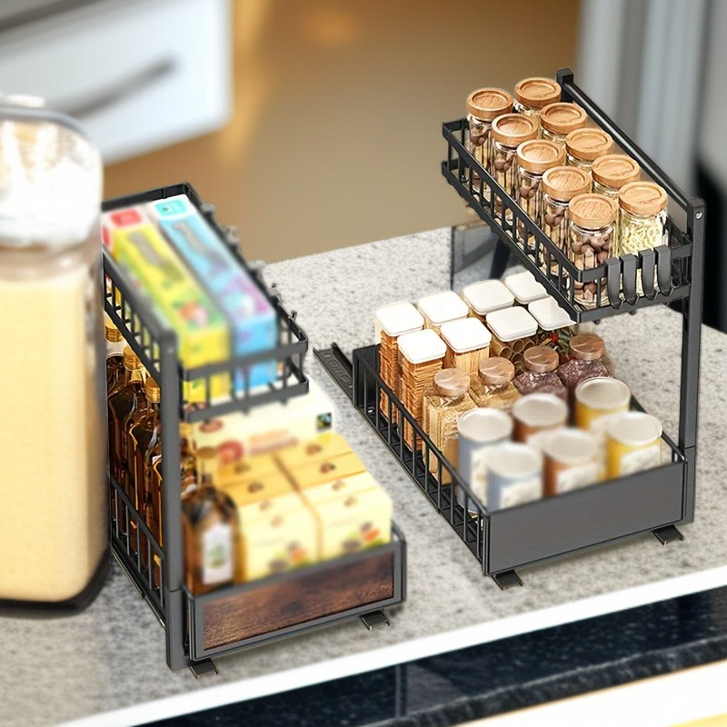 Home Under Sink Storage Rack, Punch-free Double-layer Drawer Organizer, 