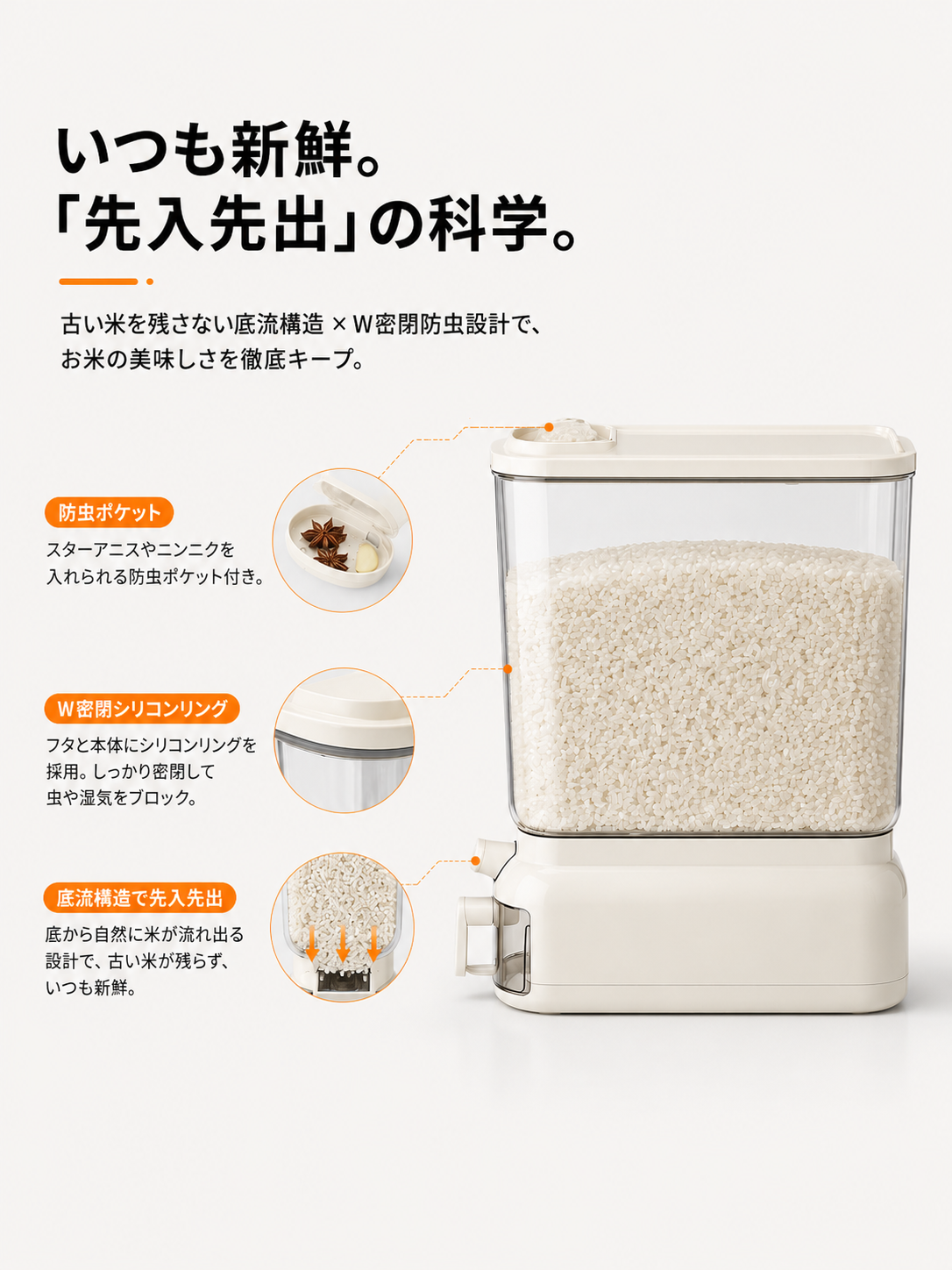 家庭用防虫・防湿米箱 スリムタイプ食品グレード穀物保存桶 押し出し式密封米びつ