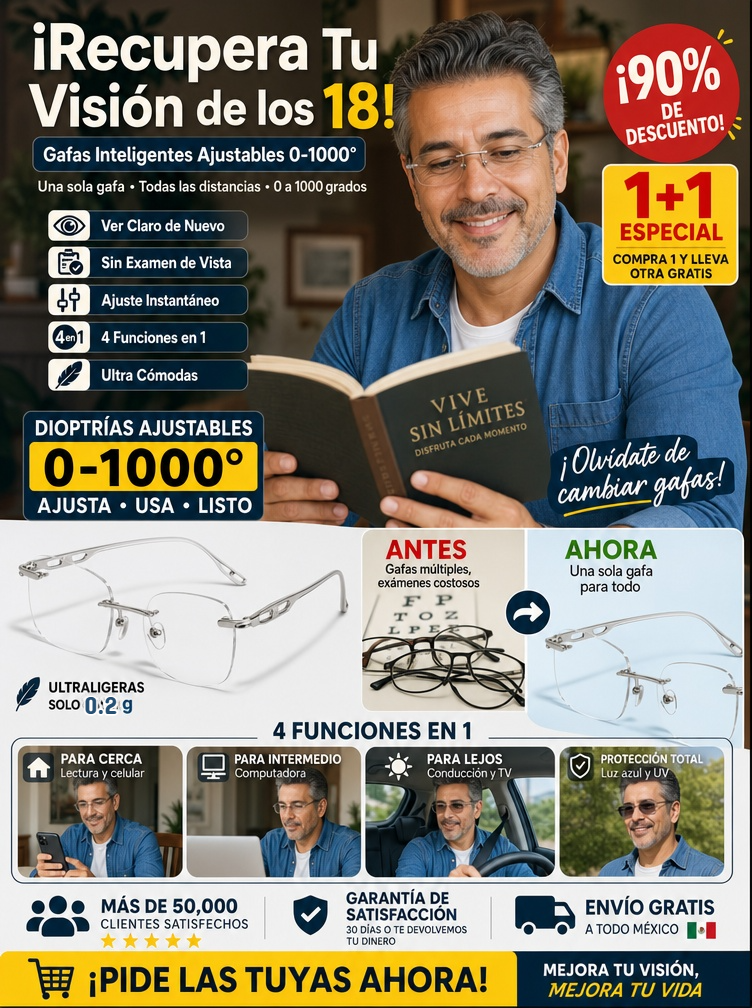 Lentes de titanio autoenfoque 0.1s: Ve cerca, lejos y cambian a lentes de sol.
