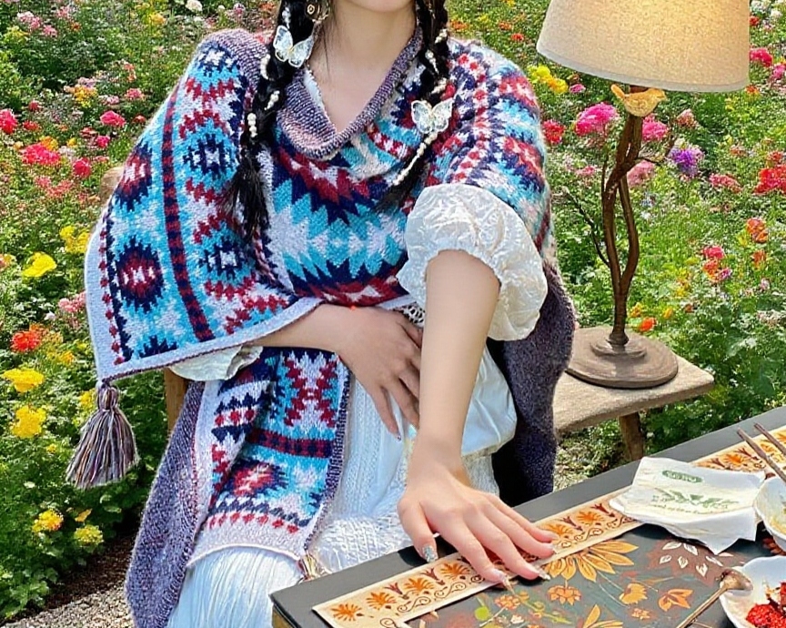 Front view of women's woolen printed reversible cape