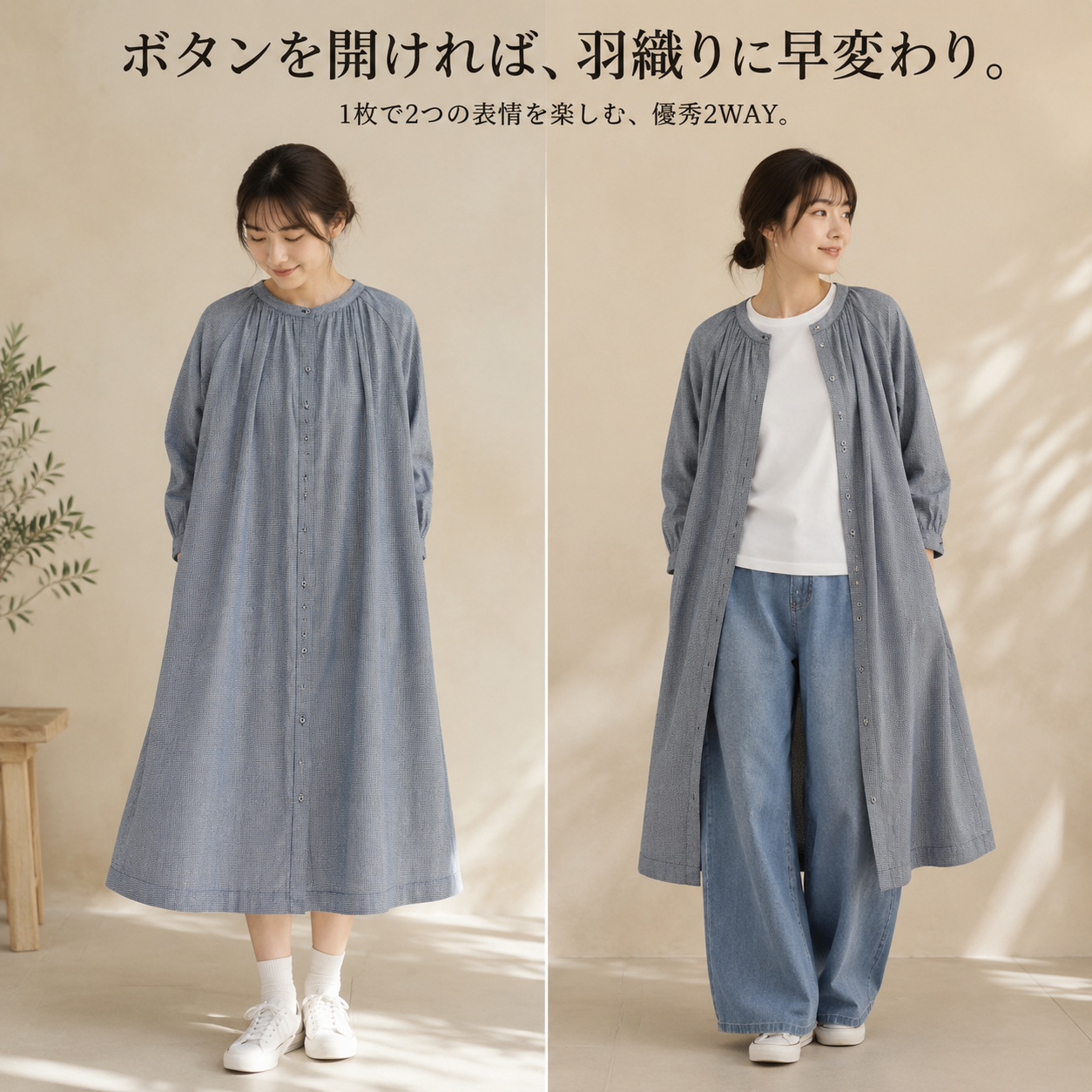 上品な綿麻千鳥格子ゆったり長袖ワンピースカーディガン
