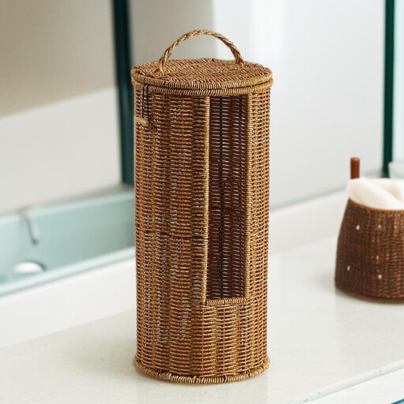 등나무 둥근 띠 덮개 수납 광주리