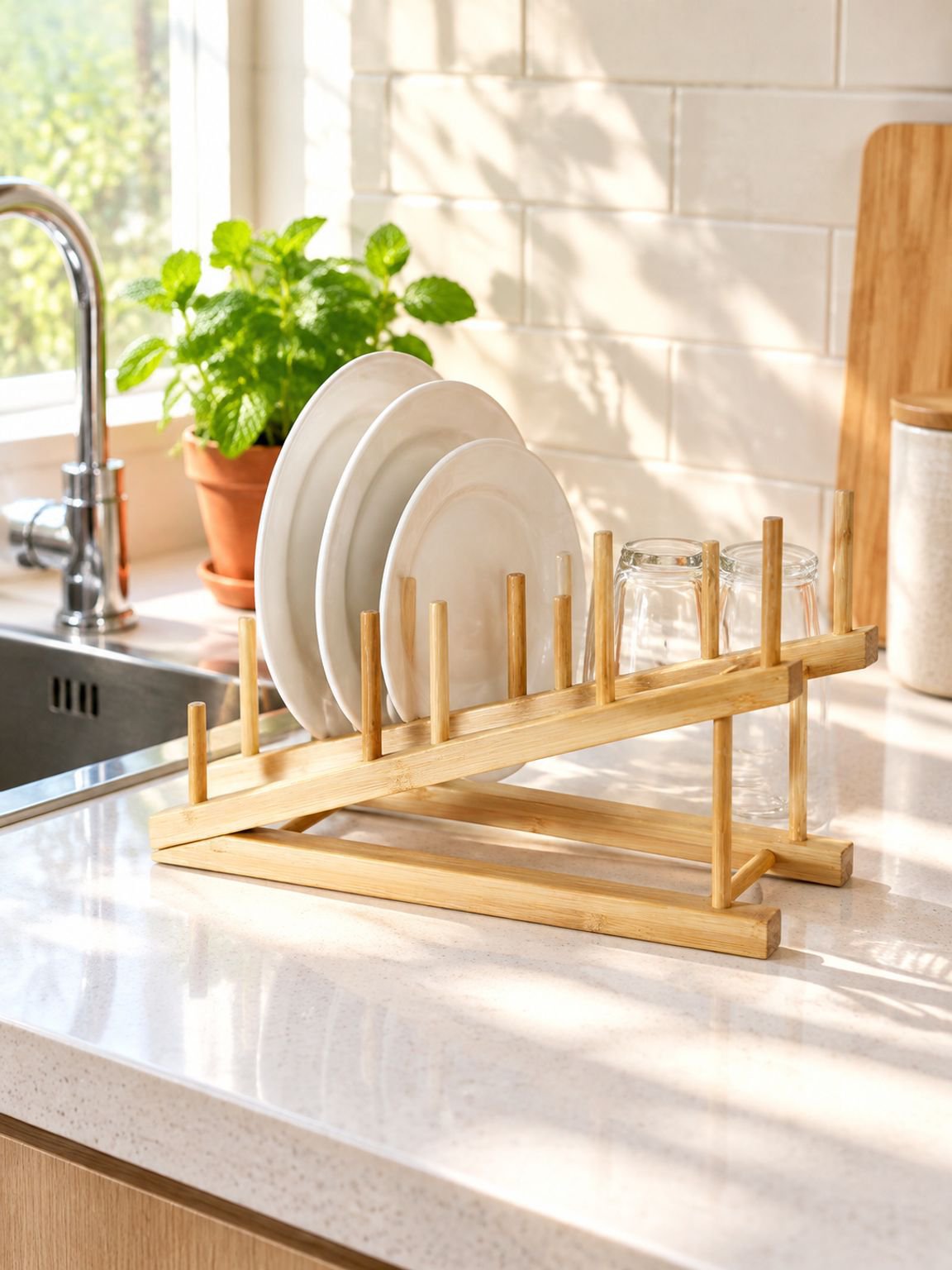 Escurridor y Organizador de Platos de Bambú para Cocina
