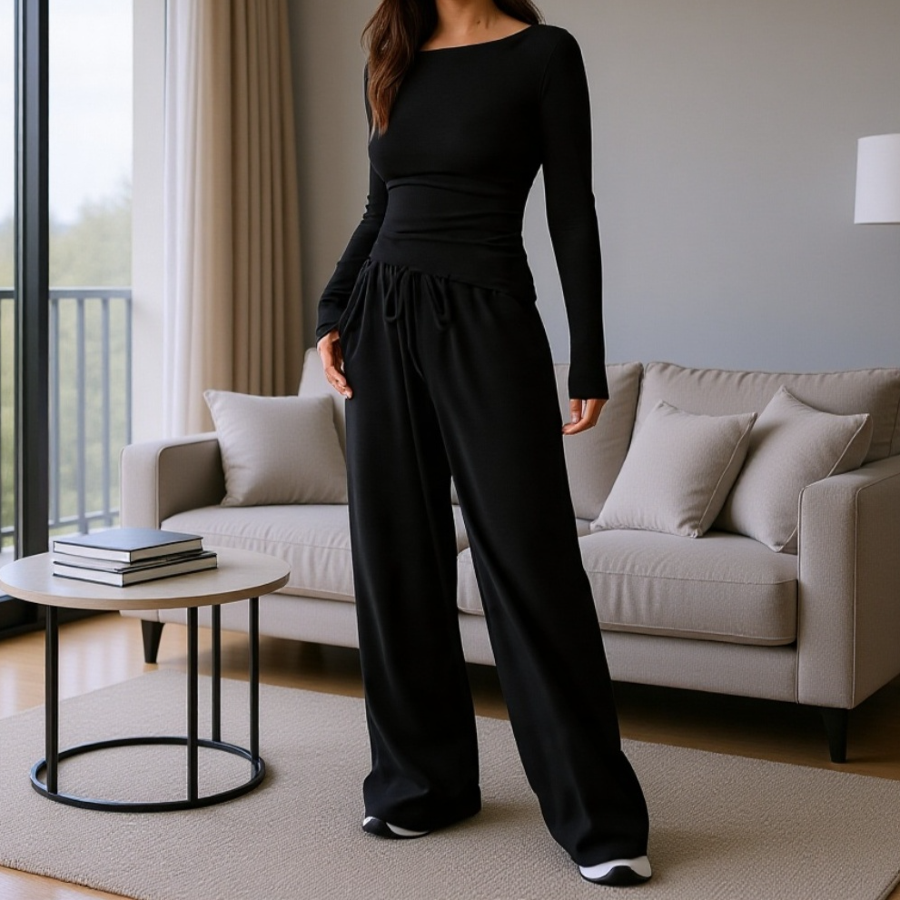 طقم كاجوال من قطعتين مع بنطال واسع الأرجل وأكمام طويلة