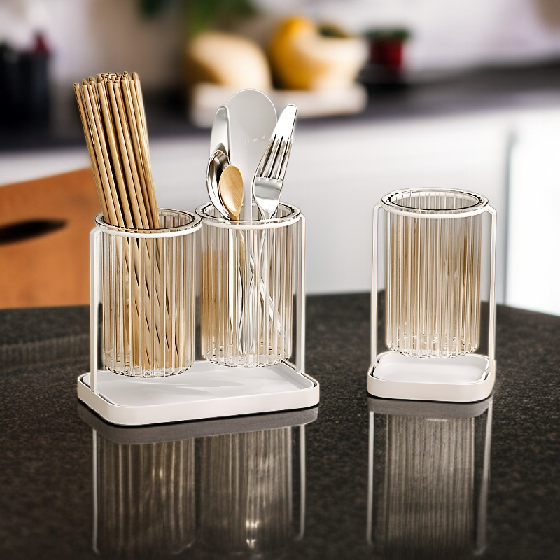 حاوية عيدان الطعام المطبخية المنزلية لتصريف المياه وصندوق تخزين شفاف للسكين والشوكة والملعقة