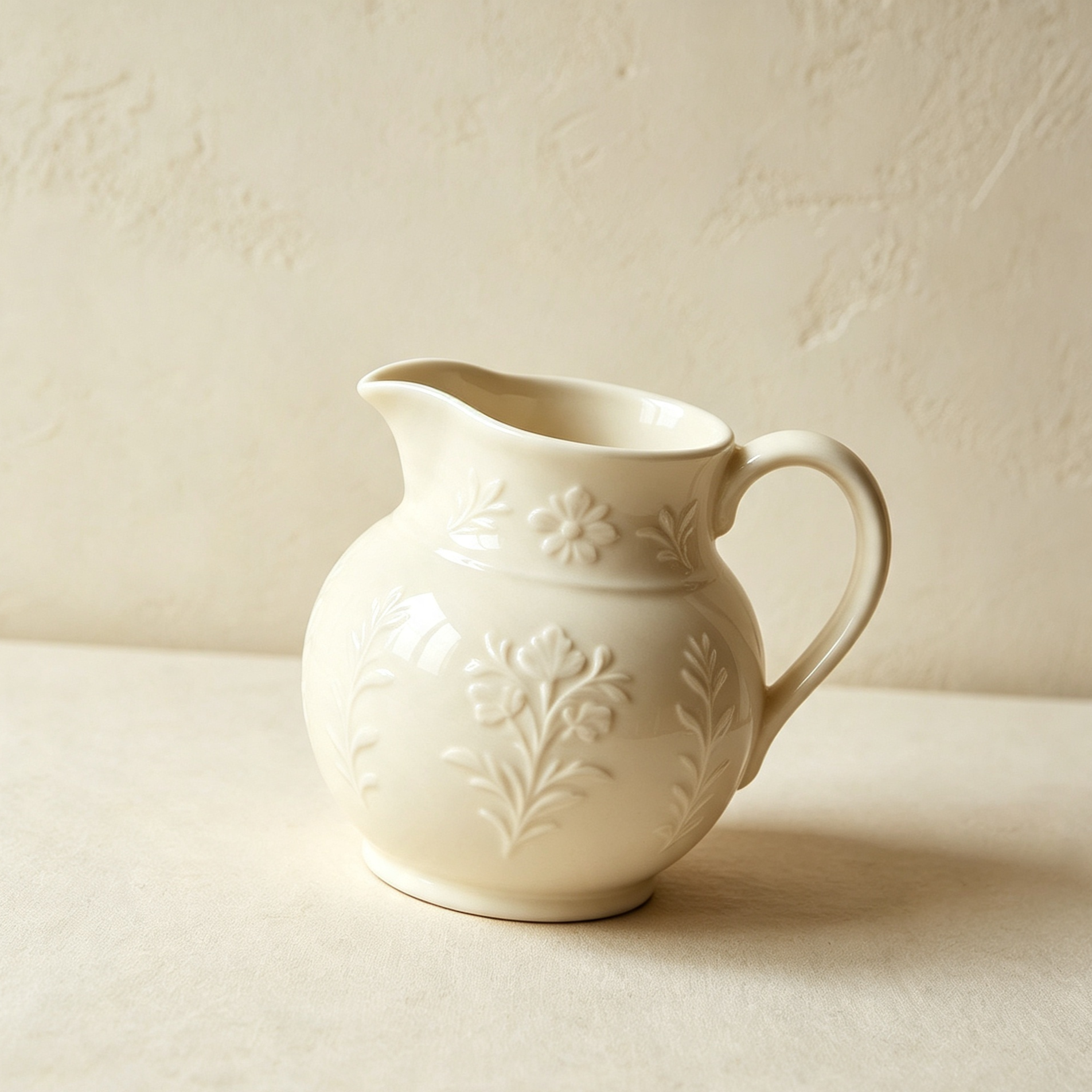 Retro embossed ceramic milk jug on wooden table