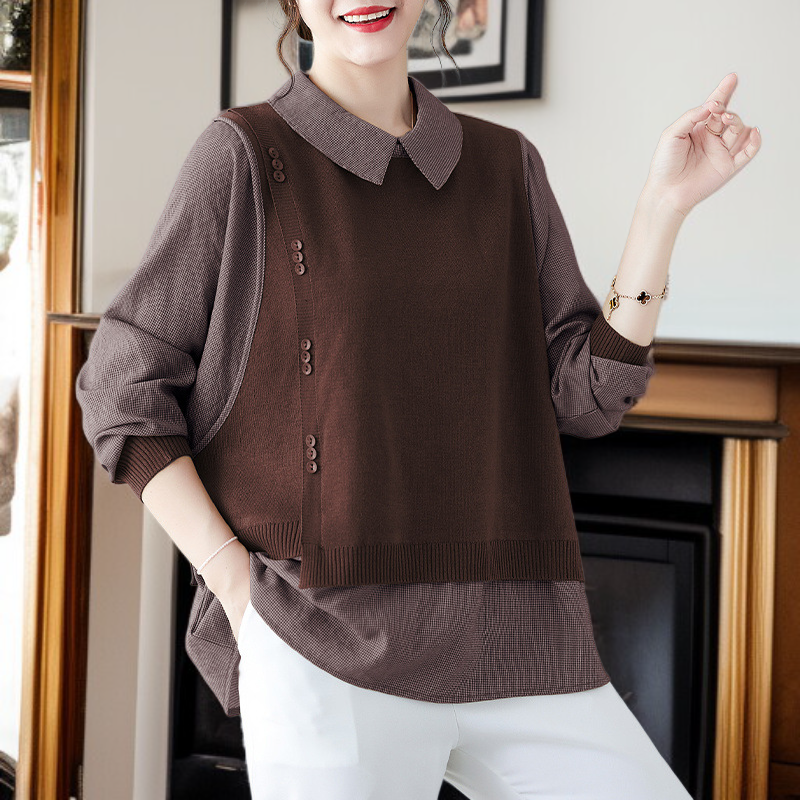 패션 셔츠 엄마 봄옷 이너 스몰 셔츠 빅사이즈 셔츠 칼라 중년 여성복 가짜 투피스 상의 통통 엄마 셔츠