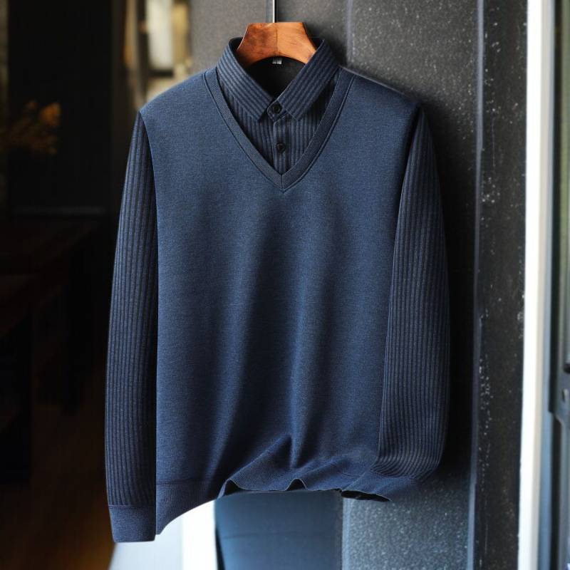 中高年男性用フェイク・ツーピース・ニット 中わた入り厚手ルーズ防寒トップス