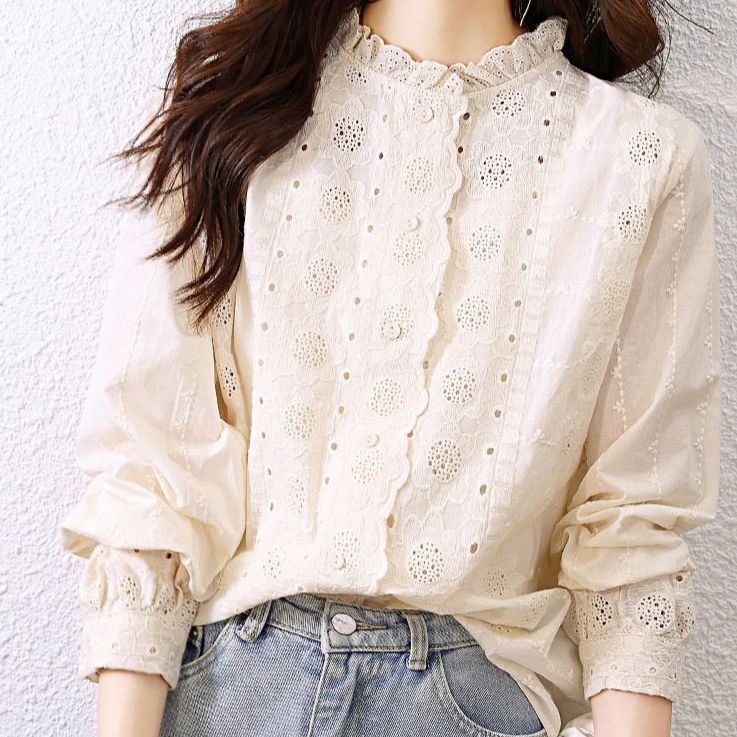 가을 레이스 카라 살구색 여성 긴팔 자수 플라워 셔츠