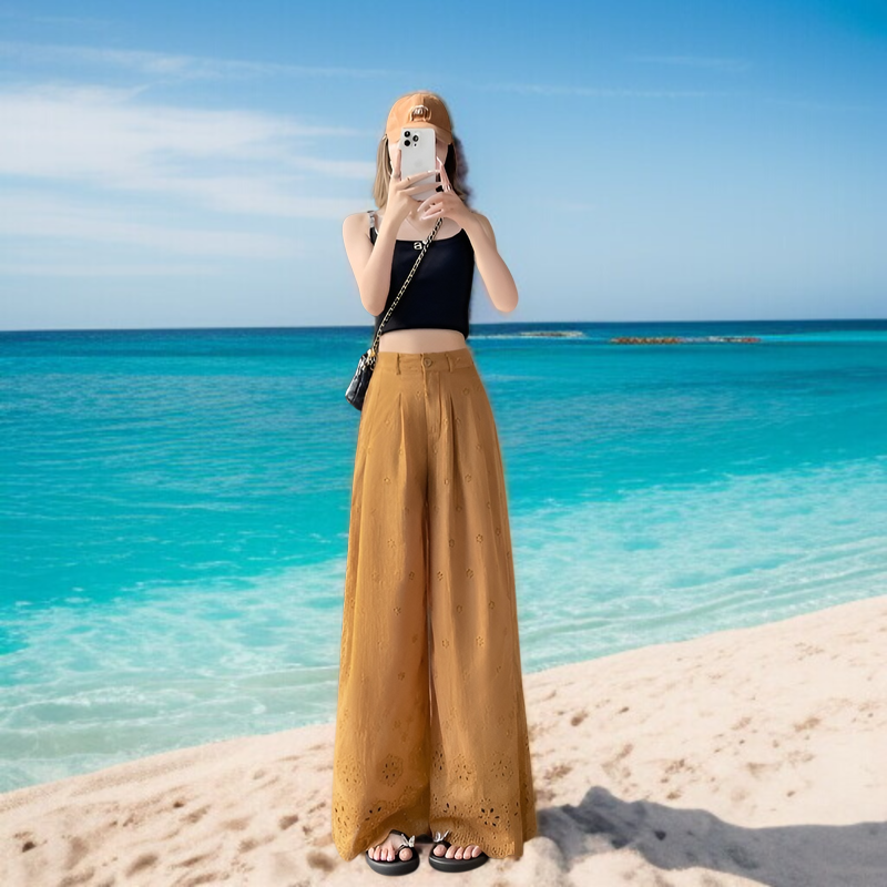 夏用中空ワイドレッグパンツ、フックフラワーワイドレッグパンツ、レディース2025新作、ハイウエストパンツ、スリムドレープレースパンツ、カジュアルストレートパンツ