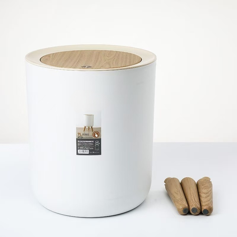 高腳原木風免彎腰垃圾桶