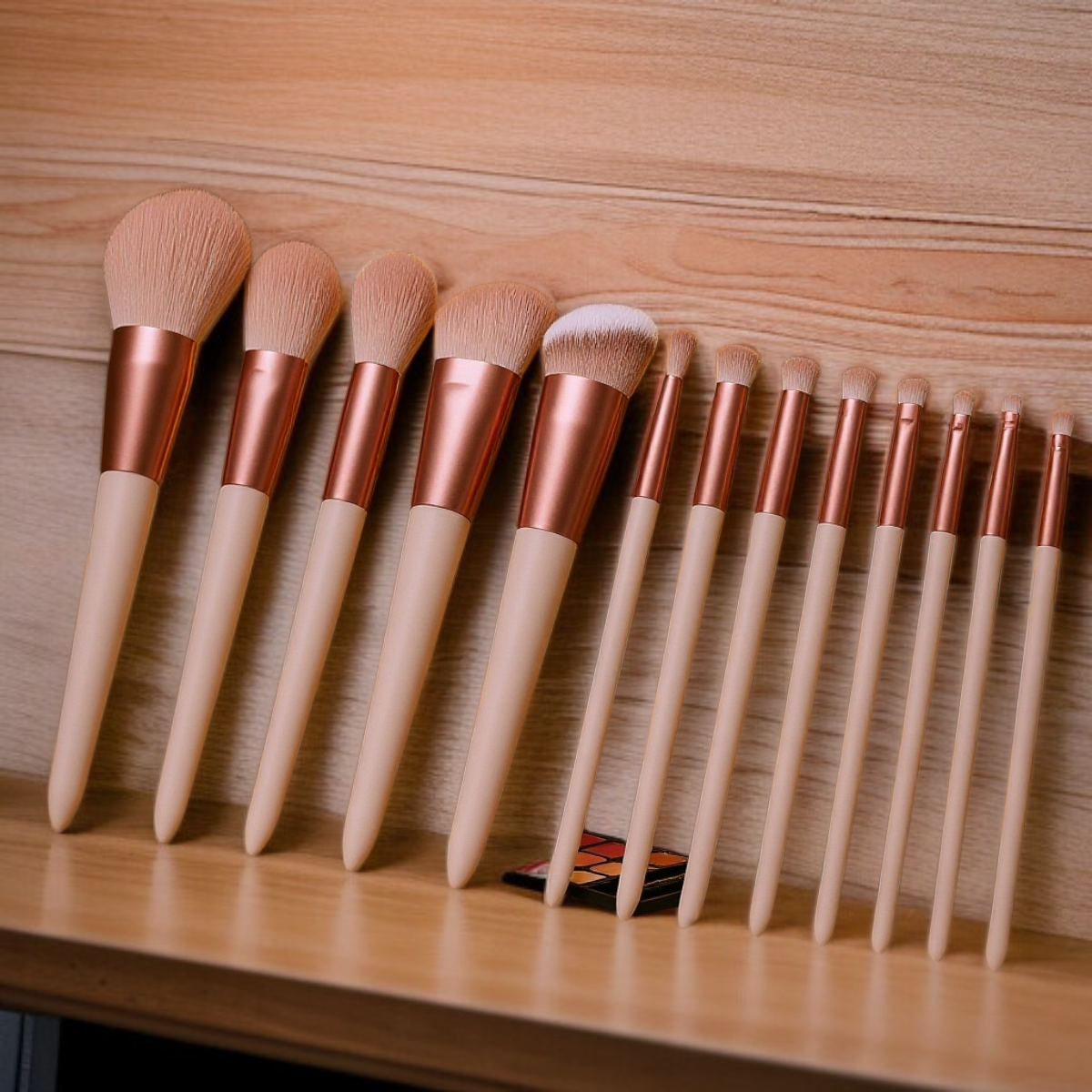 Makeup brushes neatly stored in a strap bag