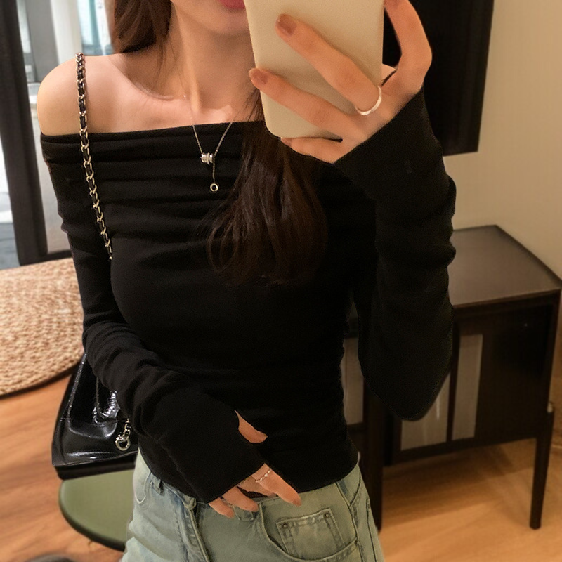 허리 조이는 쇼트 상의 셔링 섹시 쇼트 상의 긴팔 티셔츠 여 슬림핏 허리 조이는 봄옷