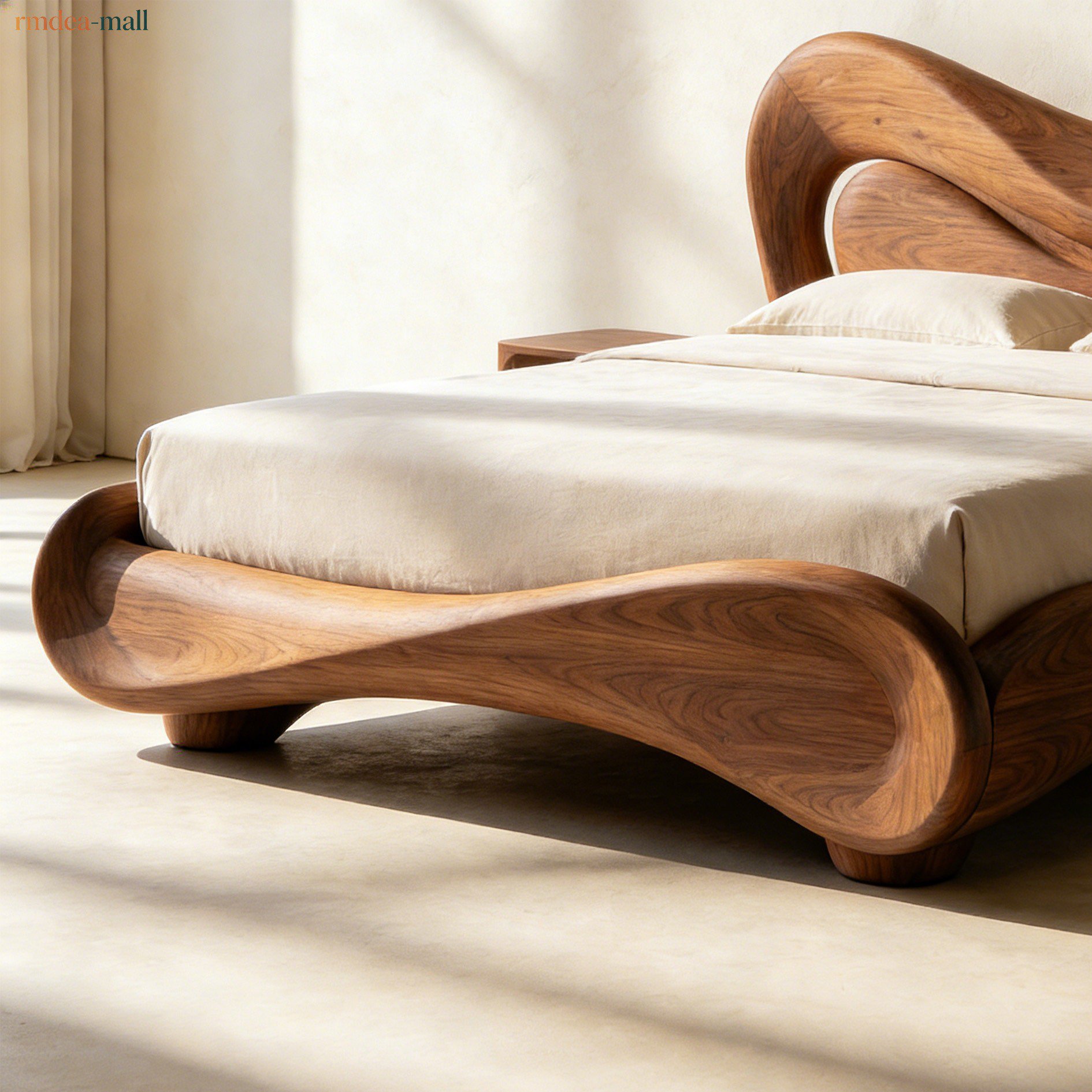 Sturdy solid wood double bed frame in spacious master bedroom